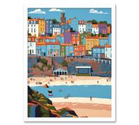 Artery8 Wall Art Print Tenby Castle Beach in Wales Colourful Townscape Art Framed in White | Size: W12" x H16" Artery8 White W12" x H16"
