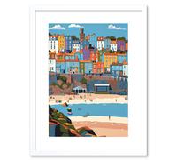 Artery8 Wall Art Print Tenby Castle Beach in Wales Colourful Townscape Artwork Framed 9X7 Inch in White | Size: W7" x H9" Artery8 White W7" x H9"