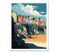 Artery8 Wall Art Print Tenby Harbour Beach Coastal Town Art Framed in White | Size: W12" x H16" Artery8 White W12" x H16"