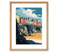 Artery8 Wall Art Print Tenby Harbour Beach Coastal Town Artwork Framed 9X7 Inch in Beige | Size: W7" x H9" Artery8 Beige W7" x H9"