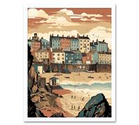 Artery8 Wall Art Print Tenby Harbour Beach Pastel Colour Coastal Town Art Framed in White | Size: W12" x H16" Artery8 White W12" x H16"