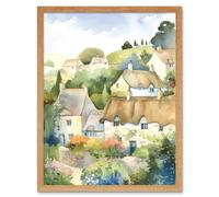 Artery8 Wall Art Print Thatched Roof Cottage House Village in Soft Pastel Colours Modern Watercolour Painting Art Framed | Size: W12" x H16" Artery8 Light Oak W12" x H16"