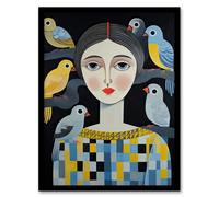 Wall Art Print The Bird Lady Surreal Oil Painting Blue Yellow Grey Dryad Portrait Artwork Framed Artery8 Blue A4