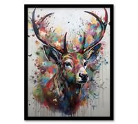 Artery8 Wall Art Print The Butterfly Stag Abstract Soft Pastel Colours Deer Ink Splat Art Framed | Size: W12" x H16" Artery8 Multicolor W12" x H16"