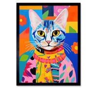 Artery8 Wall Art Print The Cat in the Caftan Artwork Bold Bright Vibrant Modern Folk Art Acrylic Painting Kids Floral Pattern Art Framed Artery8 Black W12" x H16"