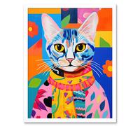 Artery8 Wall Art Print The Cat in the Caftan Artwork Bold Bright Vibrant Modern Folk Art Acrylic Painting Kids Floral Pattern Art Framed Artery8 White W12" x H16"