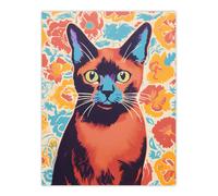 Artery8 Wall Art Print The Cat & The Carnations Bold Vibrant Screen Burmese Cat & Flower Floral Risograph Artwork Retro Riso Interior Design Poster Artery8 Multicolor W12" x H16"