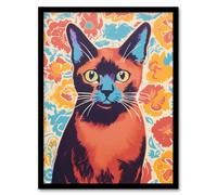 Artery8 Wall Art Print The Cat & The Carnations Bold Vibrant Screen Burmese Cat & Flower Floral Risograph Artwork Retro Riso Interior Design Art Artery8 Black W12" x H16"