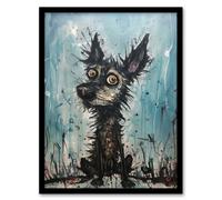 Artery8 Wall Art Print The Curious Black Dog Thick Oil Painting By Tom Jones Art Framed in Blue | Size: A4 Artery8 Blue A4