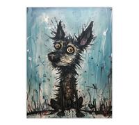 Artery8 Wall Art Print The Curious Black Dog Thick Oil Painting By Tom Jones Poster in Blue | Size: W12" x H16" Artery8 Blue W12" x H16"