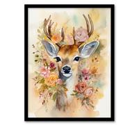 Wall Art Print The Deer In My Roses Watercolour Stag Buck Soft Serene Calm Art Framed Artery8 Brown A4