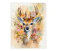 Wall Art Print The Deer In My Roses Watercolour Stag Buck Soft Serene Calm Poster Artery8 Brown W24 inch x H32 inch