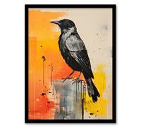 Artery8 Wall Art Print The Enigmatic Crow Bird Portrait Grey & Orange Framed | Size: W12" x H16" Artery8 Orange W12" x H16"