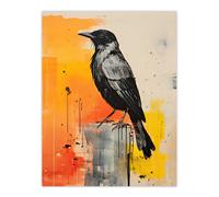 Artery8 Wall Art Print The Enigmatic Crow Bird Portrait Grey & Orange Poster Picture | Size: W12" x H16" Artery8 Orange W12" x H16"