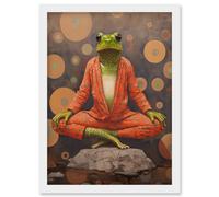 Artery8 Wall Art Print The Enlightened Frog Meditation Yogi Conceptual Artwork Green Coral Pink Yoga Mindfulness Artwork Framed A4 in White Artery8 White A4
