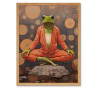 Artery8 Wall Art Print The Enlightened Frog Meditation Yogi Conceptual Artwork Green Coral Pink Yoga Mindfulness Art Framed | Size: W12" x H16" Artery8 Light Oak W12" x H16"