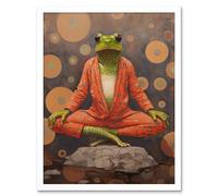 Artery8 Wall Art Print The Enlightened Frog Meditation Yogi Conceptual Artwork Green Coral Pink Yoga Mindfulness Art Framed | Size: W12" x H16" Artery8 White W12" x H16"