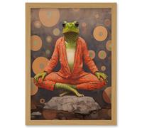 Artery8 Wall Art Print The Enlightened Frog Meditation Yogi Conceptual Artwork Green Coral Pink Yoga Mindfulness Artwork Framed A4 in Light Oak Artery8 Light Oak A4
