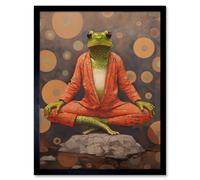 Artery8 Wall Art Print The Enlightened Frog Meditation Yogi Conceptual Artwork Green Coral Pink Yoga Mindfulness Art Framed | Size: W12" x H16" Artery8 Black W12" x H16"