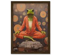 Artery8 Wall Art Print The Enlightened Frog Meditation Yogi Conceptual Artwork Green Coral Pink Yoga Mindfulness Artwork Framed A4 in Brown Artery8 Brown A4