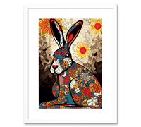 Artery8 Wall Art Print The Floral Hare Flower Power Pattern Painting Colourful Psychedelic Flowers Artwork Framed 9X7 Inch in White | Size: W7" x H9" Artery8 White W7" x H9"