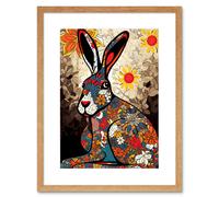 Artery8 Wall Art Print The Floral Hare Flower Power Pattern Painting Colourful Psychedelic Flowers Artwork Framed 9X7 Inch in Beige | Size: W7" x H9" Artery8 Beige W7" x H9"