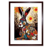 Artery8 Wall Art Print The Floral Hare Flower Power Pattern Painting Colourful Psychedelic Flowers Artwork Framed 9X7 Inch in Brown | Size: W7" x H9" Artery8 Brown W7" x H9"