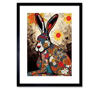 Artery8 Wall Art Print The Floral Hare Flower Power Pattern Painting Colourful Psychedelic Flowers Artwork Framed 9X7 Inch in Black | Size: W7" x H9" Artery8 Black W7" x H9"