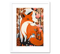 Artery8 Wall Art Print The Fox & Rose Bush Pastel Colour Autumn Forest Landscape Flowers Artwork Framed 9X7 Inch in White | Size: W7" x H9" Artery8 White W7" x H9"
