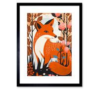 Artery8 Wall Art Print The Fox & Rose Bush Pastel Colour Autumn Forest Landscape Flowers Artwork Framed 9X7 Inch in Black | Size: W7" x H9" Artery8 Black W7" x H9"