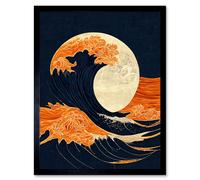Wee Blue Coo The Great Wave at Full Moon Modern Japanese Seascape Woodblock Art Print Framed Poster Wall Decor 12x16 inch