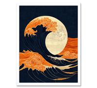 Artery8 Wall Art Print The Great Wave at Full Moon Modern Japan Seascape Woodblock Art Framed in White | Size: W12" x H16" Artery8 White W12" x H16"