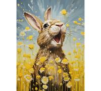 Artery8 Wall Art Print The Happy Bunny Rabbit Playing in a Field of Daisies Vibrant Oil Painting Kids Bedroom Blue Yellow Bright Summer Meadow Poster Artery8 Multicolor W18" x H24"