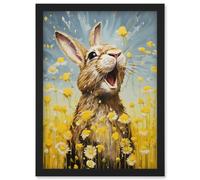 Wall Art Print The Happy Bunny Rabbit Playing in a Field of Daisies Vibrant Oil Painting Kids Bedroom Blue Yellow Bright Summer Meadow Artwork Framed Artery8 Black A4