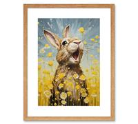 Artery8 Wall Art Print The Happy Bunny Rabbit Playing in a Field of Daisies Vibrant Oil Painting Kids Bedroom Blue Yellow Bright Summer Meadow Artery8 Beige W7" x H9"