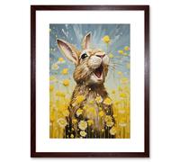 Artery8 Wall Art Print The Happy Bunny Rabbit Playing in a Field of Daisies Vibrant Oil Painting Kids Bedroom Blue Yellow Bright Summer Meadow Artery8 Brown W7" x H9"