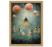 Artery8 Wall Art Print The Jellyfish Ballet Whimsical Surreal Underwater Dance Artwork Framed A4 in Light Oak Artery8 Light Oak A4