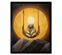 Artery8 Wall Art Print The Lazy Overlord Sloth at Full Moon Abstract Surrealist Painting Art Framed in Black | Size: W12" x H16" Artery8 Black W12" x H16"