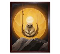 Artery8 Wall Art Print The Lazy Overlord Sloth at Full Moon Abstract Surrealist Painting Art Framed in Brown | Size: W12" x H16" Artery8 Brown W12" x H16"