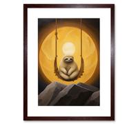Artery8 Wall Art Print The Lazy Overlord Sloth at Full Moon Abstract Surrealist Painting Artwork Framed 9X7 Inch in Brown | Size: W7" x H9" Artery8 Brown W7" x H9"