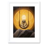 Artery8 Wall Art Print The Lazy Overlord Sloth at Full Moon Abstract Surrealist Painting Artwork Framed 9X7 Inch in White | Size: W7" x H9" Artery8 White W7" x H9"