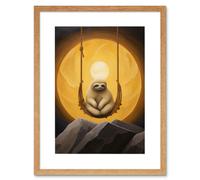 Artery8 Wall Art Print The Lazy Overlord Sloth at Full Moon Abstract Surrealist Painting Artwork Framed 9X7 Inch in Beige | Size: W7" x H9" Artery8 Beige W7" x H9"