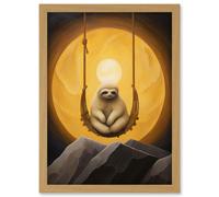 Artery8 The Lazy Overlord Sloth at Full Moon Abstract Surrealist Painting Artwork Framed Wall Art Print A4