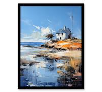 Artery8 Wall Art Print The Old White Crofters Cottage Oil Painting Palette Knife Blue Orange Serene Scottish Coastal Landscape Artwork Framed Artery8 Blue A4