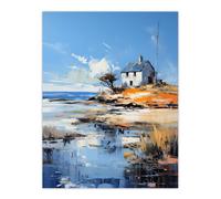Artery8 Wall Art Print The Old White Crofters Cottage Oil Painting Palette Knife Blue Orange Serene Scottish Coastal Landscape Poster Artery8 Blue W24" x H32"