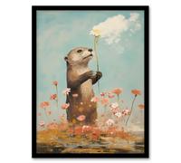 Artery8 Wall Art Print The Otters Gift Artwork Floral Watercolour Crimson & Blue Art Framed in Black | Size: W12" x H16" Artery8 Black W12" x H16"