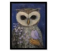 Artery8 Wall Art Print The Owls Pet Surreal Dream Oil Painting Night Owl With Lavender Flower & Small Bird Art Framed in Black | Size: W12" x H16" Artery8 Black W12" x H16"