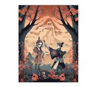 Artery8 Wall Art Print The Promise Traditional Kabuki Theatre Performance Scene Painting Pink Blue Teal Japan Forest Mountain Landscape Poster Artery8 Orange W24" x H32"