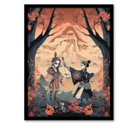 Artery8 Wall Art Print The Promise Traditional Kabuki Theatre Performance Scene Painting Pink Blue Teal Japan Forest Mountain Landscape Art Framed Artery8 Orange W12" x H16"