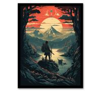 Artery8 Wall Art Print The Quest Concept Art Painting Blue Pink Samurai Master Looking at the Horizon in Japan Mountain Lake Landscape Art Framed Artery8 Orange W12" x H16"